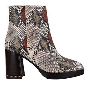 Tory Burch Ruby Python-Embossed Ankle Boots Size 8 Aspen Block Heel Chain Accent
